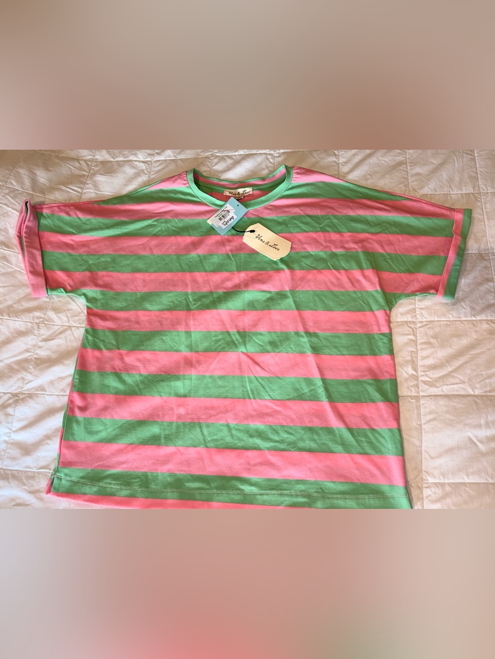 Vine & Love “Feeling Social Top” Pink & Green Striped Tee